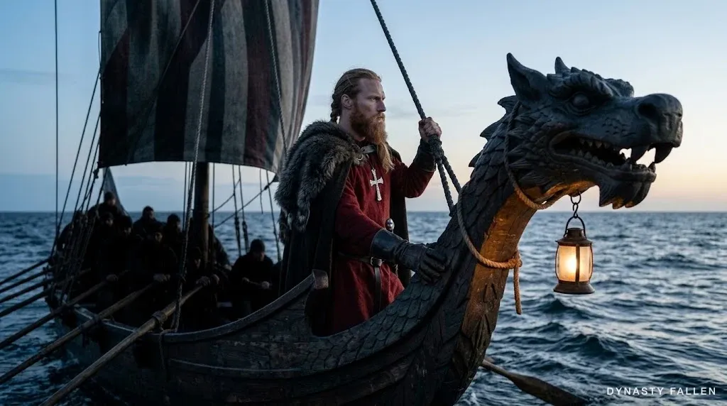 Olaf at the prow of his longship in profile at predawn, dark wolf-grey fur cloak draped over his shoulders, single braid down his back, half-furled striped square sail behind him, three rows of oarsmen as dark silhouettes on the water-lined flank, faint amber lantern glowing at the prow.