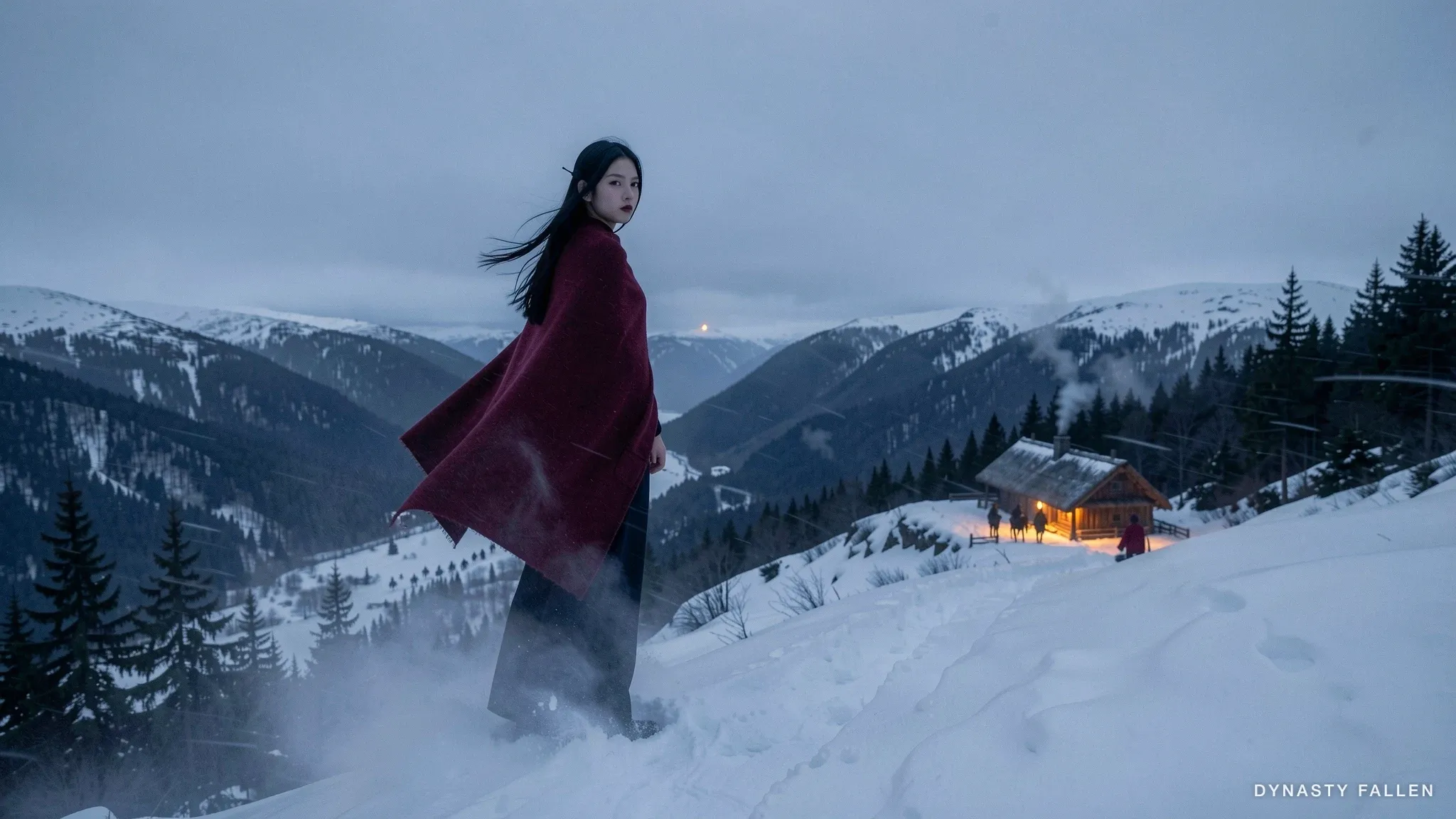 Rei on a snow-covered ridge at dusk, dark-red shawl billowing, the longhouse glowing as a single amber point in the valley below.