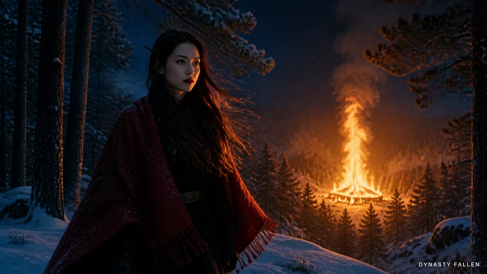 Rei standing on a snowy treeline, dark-red wool shawl billowing in the wind, the longhouse below erupting in a column of orange flame that lights her right side against the cold blue night.