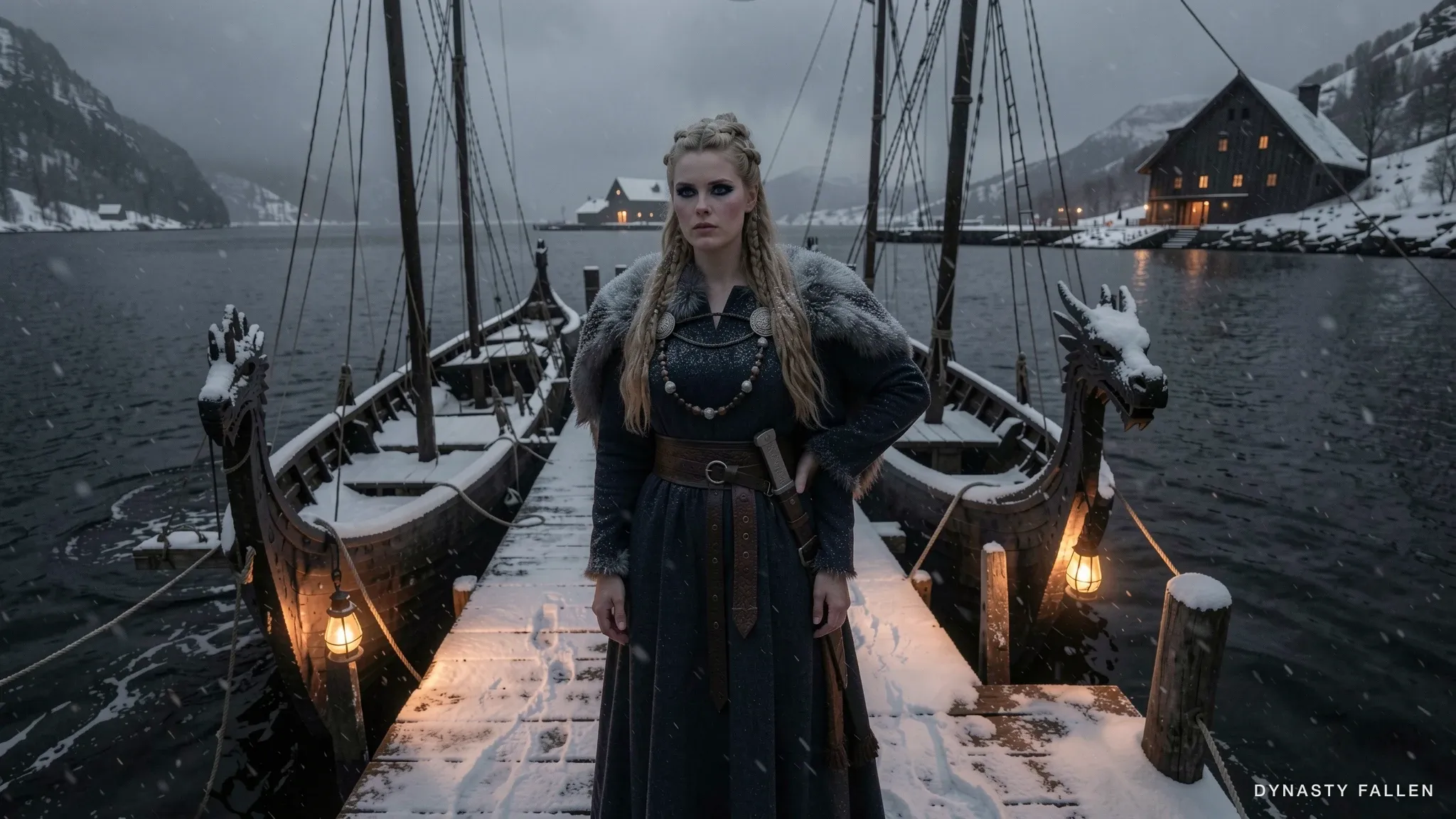 Sigrid alone at the centre of the harbour pier between two moored longships, slate-blue wool over-dress and dark-grey wolf-fur stole catching a thin veil of snow, amber lantern light from each prow spilling warm pools onto the snow-dusty timber.