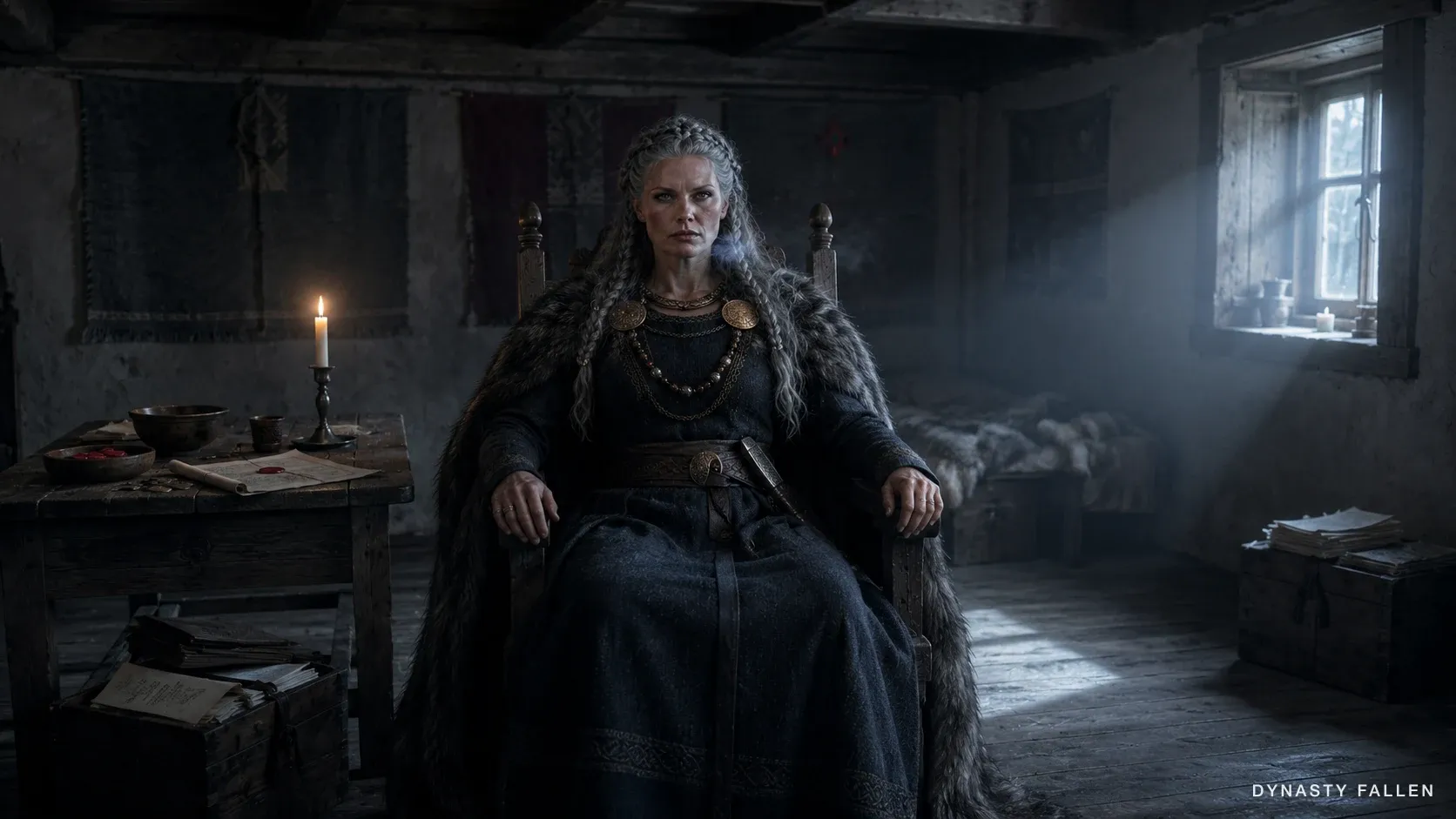 Tight close on Sigrid's face in her dawn-lit chamber, lips lightly pressed, faint frost-breath at her mouth, silver-grey strands of warrior braids catching cold blue light from the window-slit, pale blue-grey eyes steady — the predatory stillness of a woman whose vow is at the moment of completion.