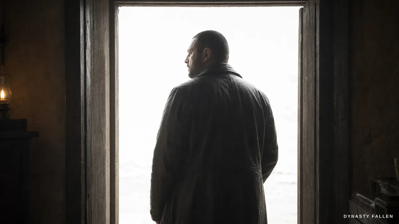 A dark figure walking out through a doorway into flat daylight — the killer leaving, uncharged.