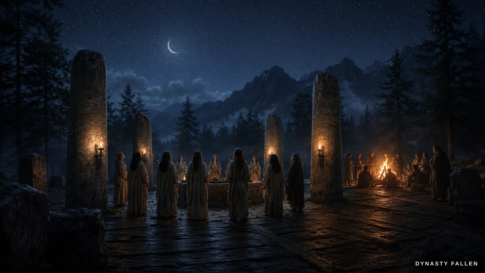 A high wide over the dark Epirote peaks at night — jagged ridgelines against a cold blue star-field with a low crescent moon, mist on the slopes and the bonfire of the rite glowing far below.