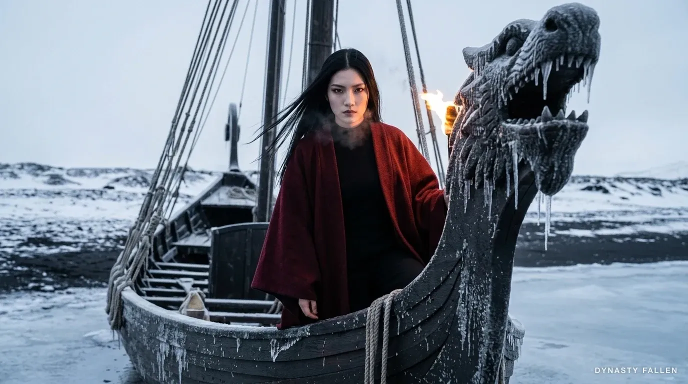 Rei on the prow of a beached longship at first light, dark-red wool shawl in the fjord wind, the carved dragon-head stem behind her.