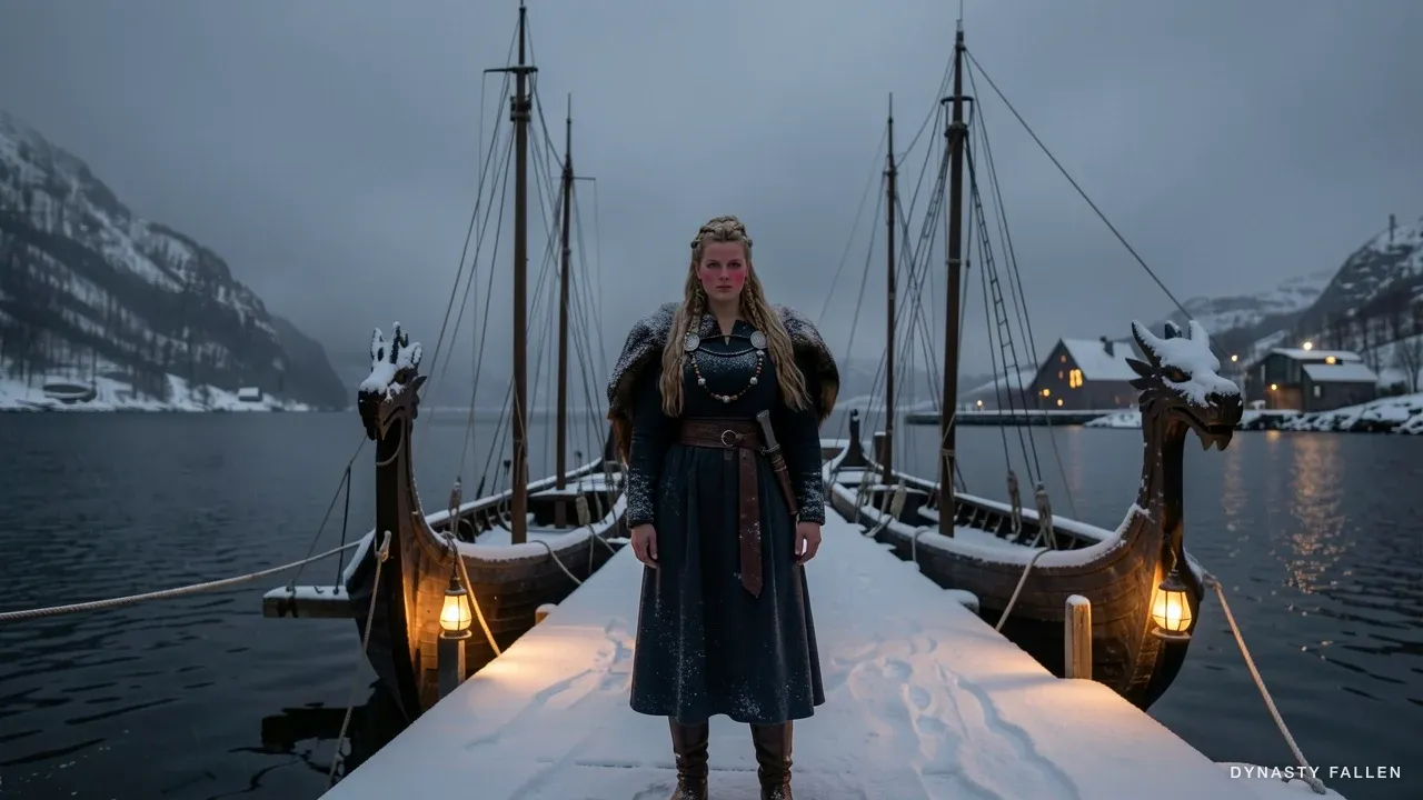 Sigrid on the snow-laden deck of a longship, the carved dragon prow rising at her side, the fjord dark behind her.