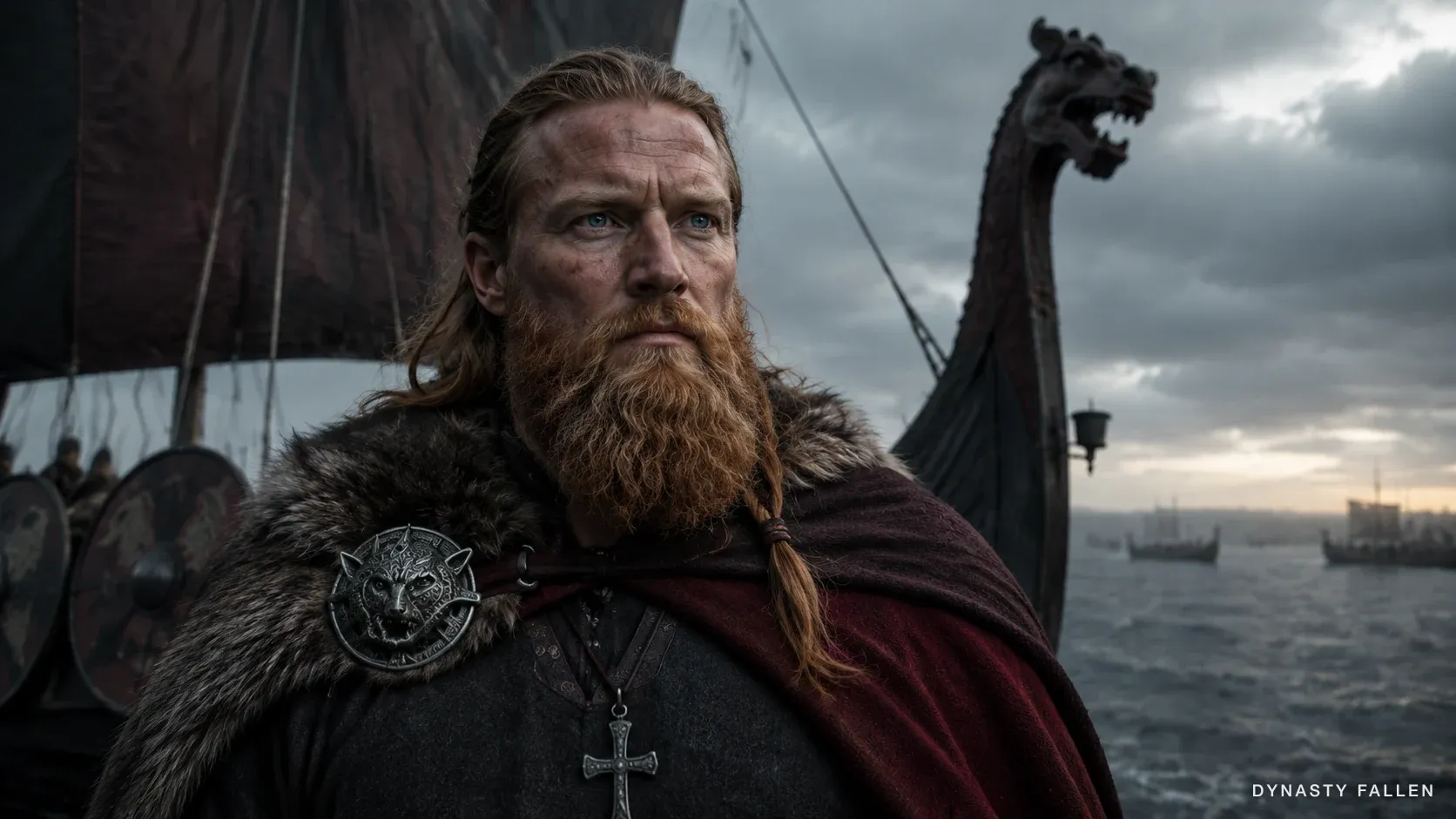 Close-up of Olaf Tryggvason at the Long Serpent's bow at the moment he realises the ambush — eyes wide, pupils dilated, mouth tightly set, the scar on his left jaw illuminated, faint outlines of the converging fleets at the frame edges.