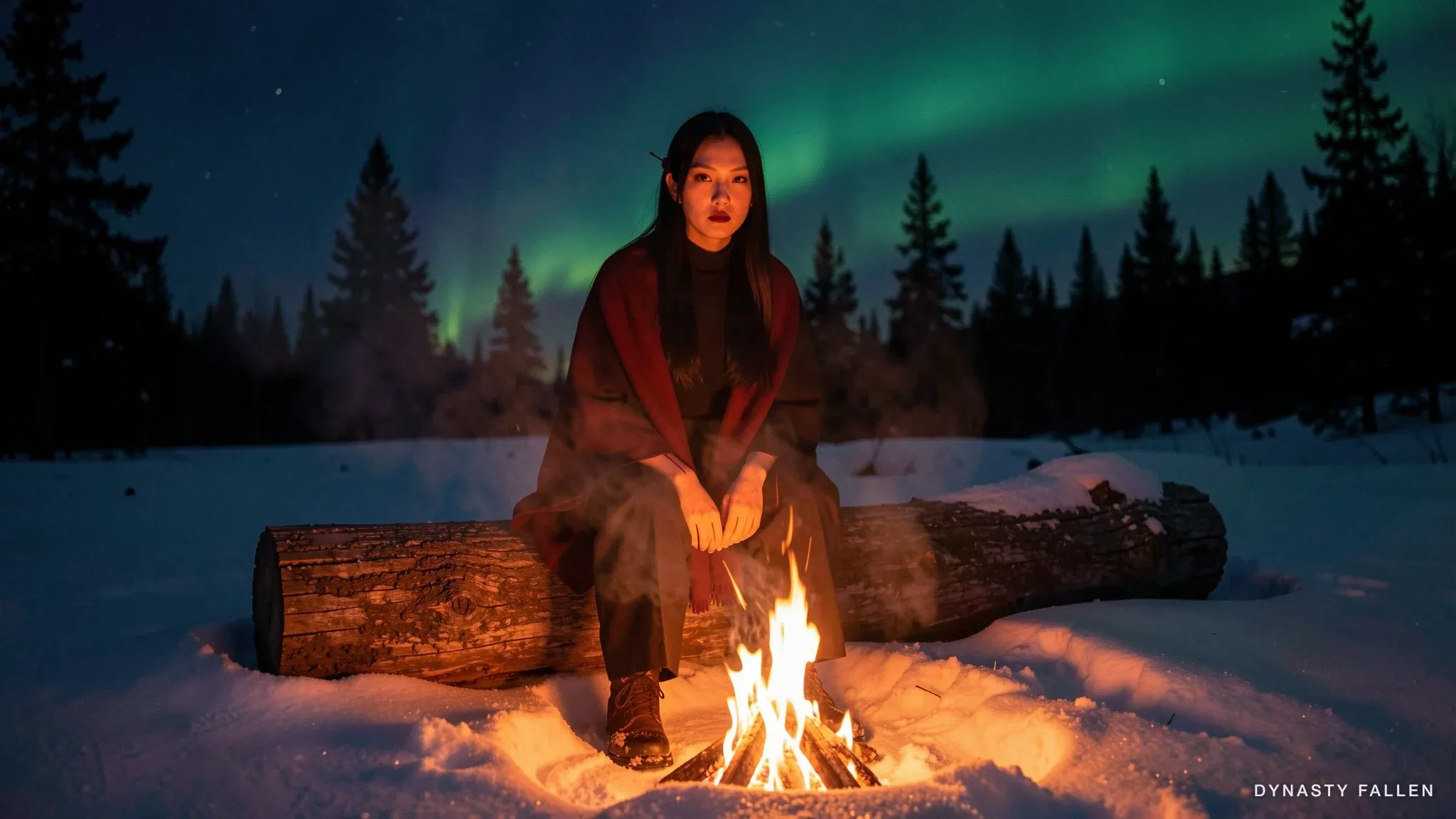 Rei sitting on a fallen log in a snow-covered clearing, a small camp fire glowing at her boots, a faint green aurora washing the dark sky above.