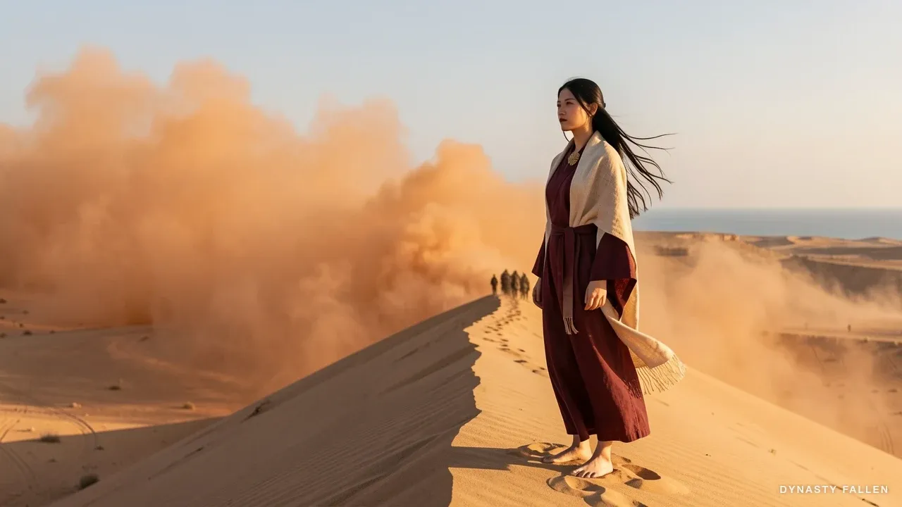 Rei standing on the desert dune ridge, kimono shawl fluttering in the wind, voice raised against pale sky.