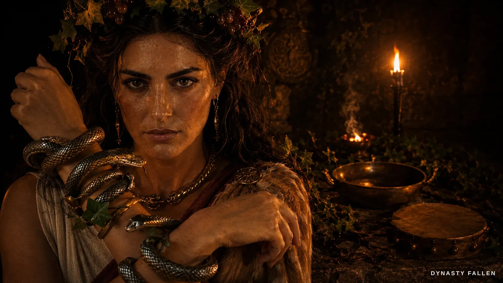 Live serpents winding over a woman's forearms and wrists in firelight, ivy and bronze serpent-form bracelets among the coils.