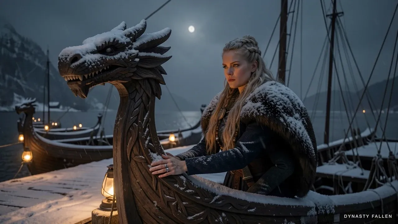 Sigrid at the high carved dragon prow of the longship, hand resting on the carved neck, fur stole heavy with snow, the harbour pier and dark fjord stretching behind.