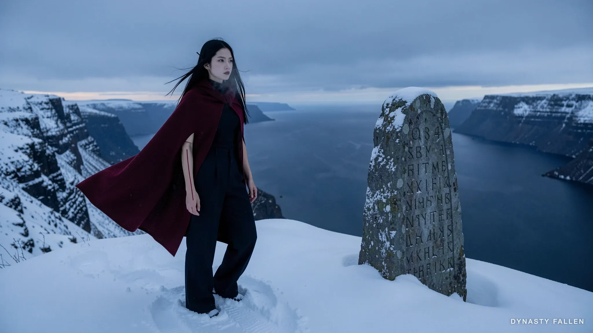 Rei walking a snowy ridge above the dark fjord, a tall weathered Norse stone marker carved with runes standing at her right, her dark-red shawl caught by the wind.