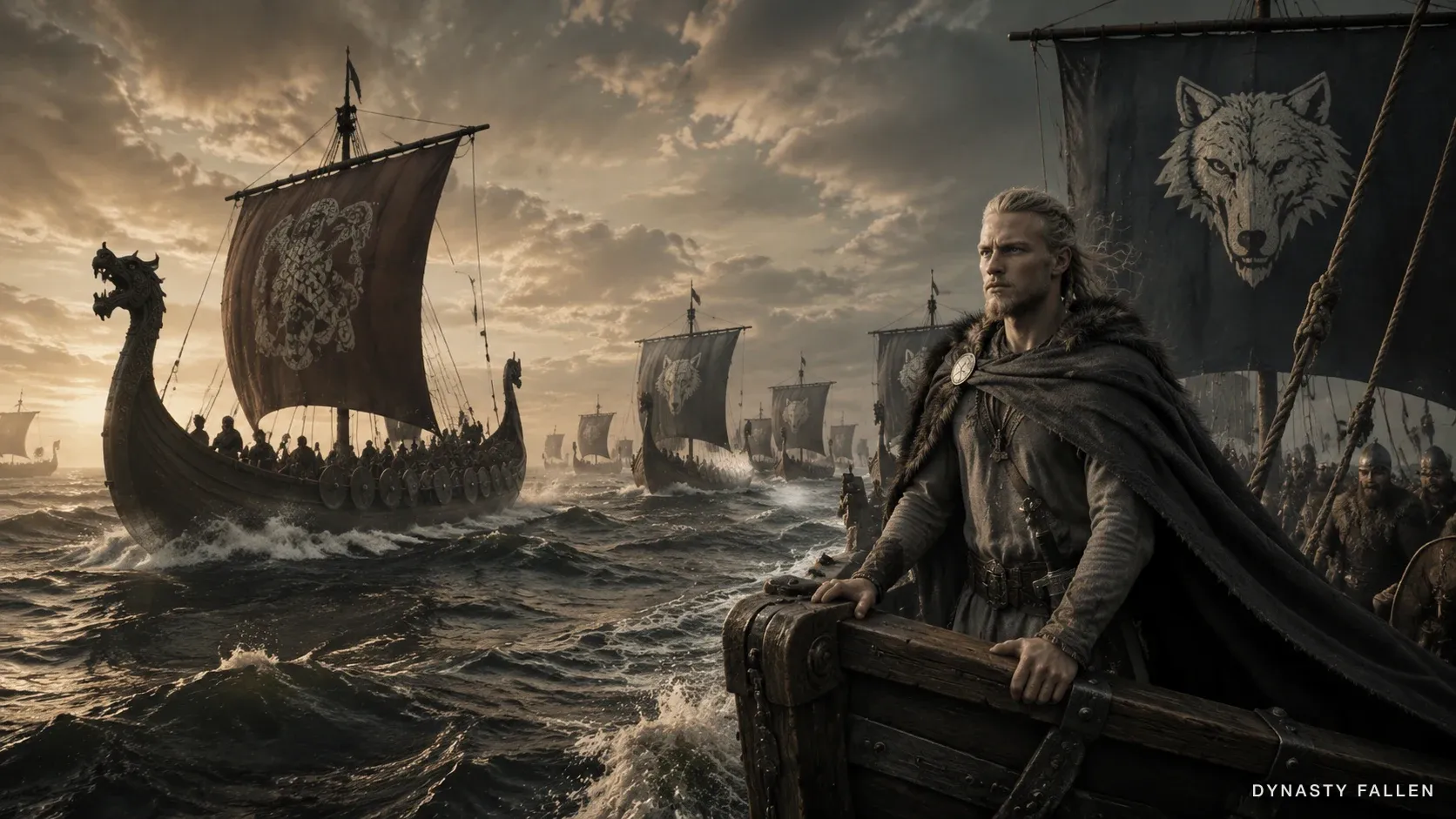 Ten iron-grey Swedish longships approaching from the eastern flank, sails marked with hammered silver wolf motifs, Olof Skötkonung at the prow of the lead vessel in iron-grey wool cloak with fox-fur trim, single wheat-blond braid streaming behind, the Norwegian flagship glistening with sea spray as the noose closes.