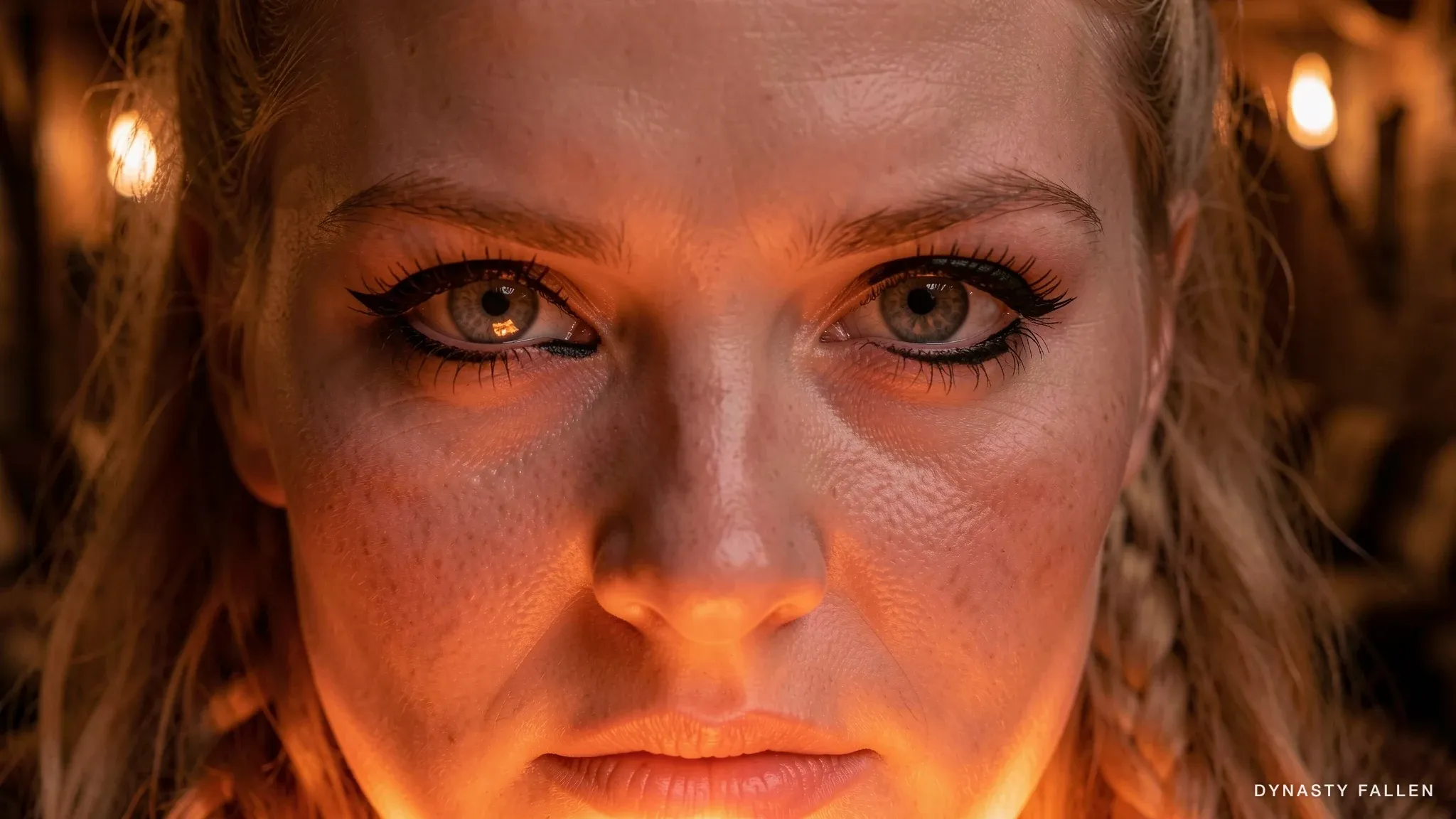 Extreme close-up of Sigrid's pale blue-grey eye, hearth fire reflected in the iris, the decision already made.