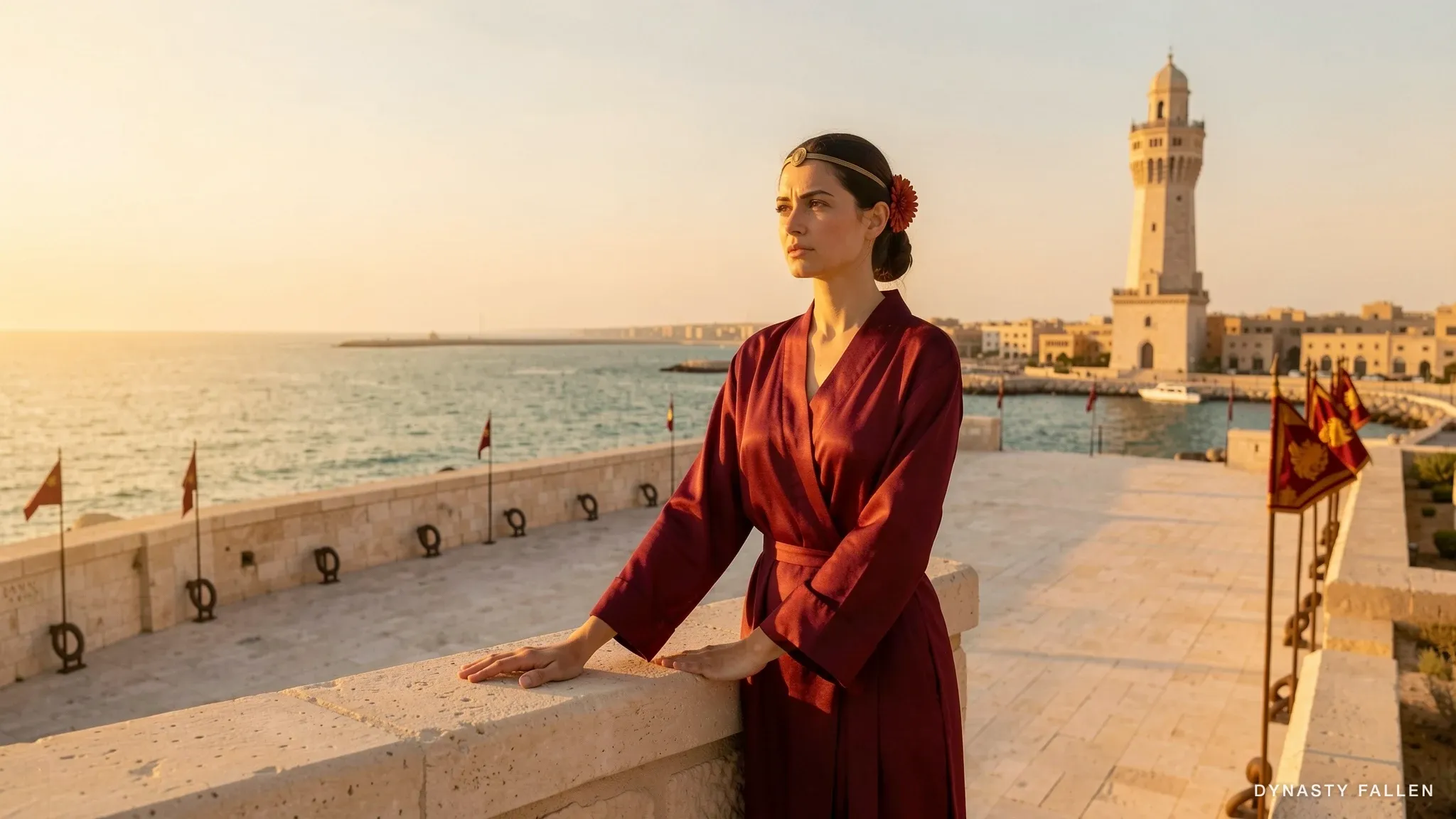 Zenobia alone on the limestone harbour wall, deep-crimson silk loose at her shoulders, looking out over the Mediterranean.