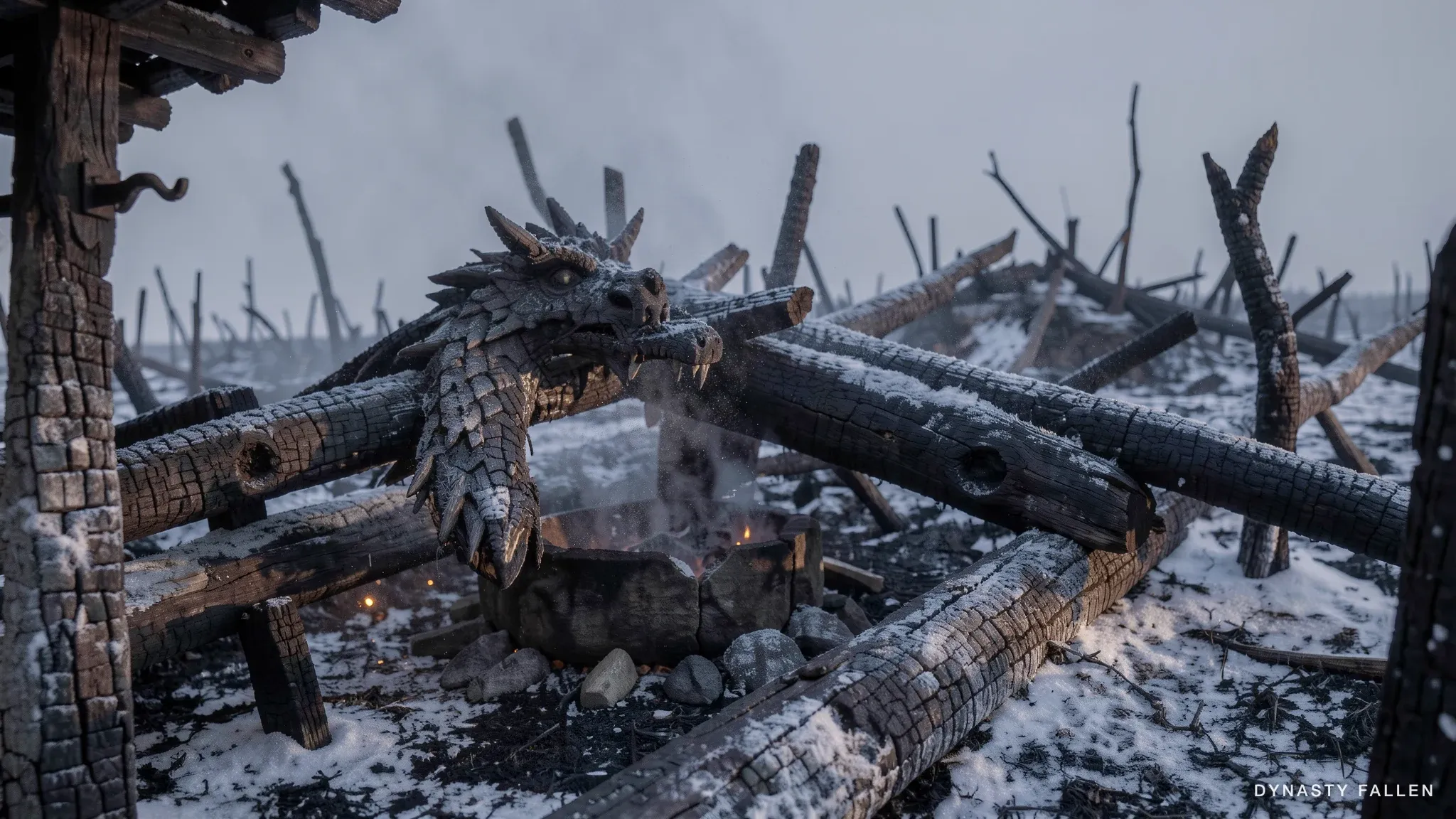 A single charred dragon-head beam half-fallen onto an ash-covered ground at dawn, blackened interlace knotwork cracked, fine veins of frost in the breaks, pale slate-grey sky behind.