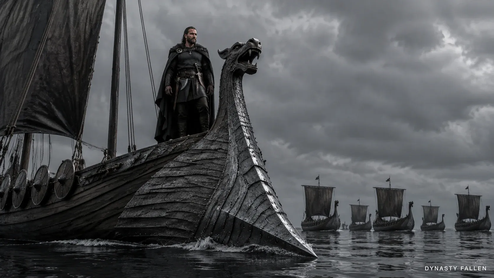 Low water-line wide-angle of the Long Serpent's port flank as Eiríkr Hákonarson's iron-clad Járnbarðinn closes in, ramming beak glinting cold, water folding white against its surface, Eiríkr at the prow in iron-grey wool cloak with wolf-fur trim, coiled-iron serpent brooch catching a brief shimmer, an old axe-scar on his left jaw illuminated, five smaller earth-brown longships following in formation.
