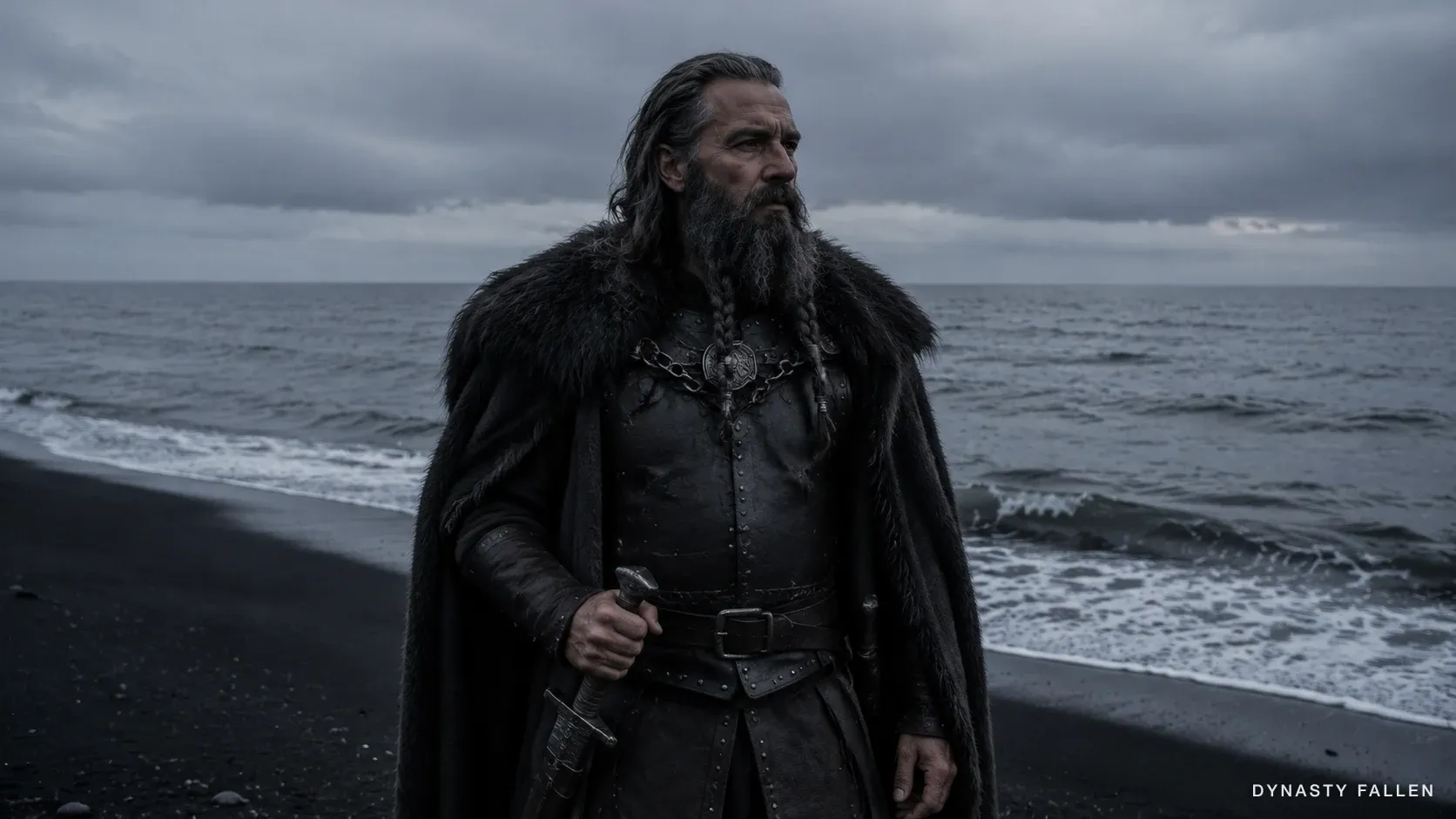 Sweyn Forkbeard standing on black volcanic sand at the iron-sea coastline, heavy charcoal-grey wool cloak edged in black wolf fur draped across his shoulders, forked iron-grey beard split into two plaited sections each wound with a single iron ring, head turned toward the open sea, deep-set steel-grey eyes focused on the horizon.