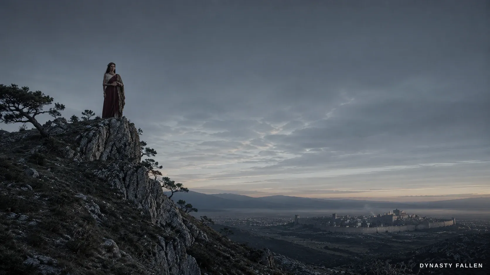 An extreme wide at cold grey dawn — a small still wine-red figure high on the rocky ridge, the iron hall-town of Macedon catching the first light far below across the misted valley.