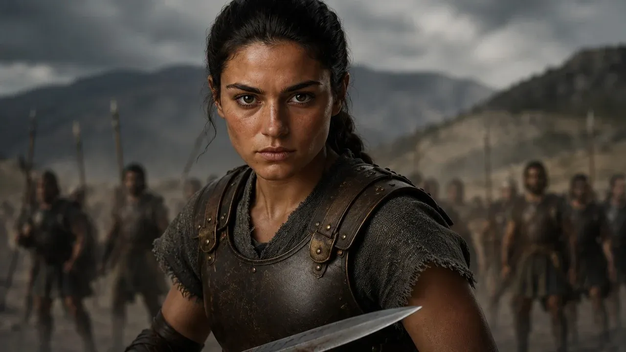 Adea Eurydice — Dynasty Fallen Vol. XX. A young Macedonian woman with dark hair bound back for war, in a dark wool chiton and a bronze-studded leather cuirass, a blade held low across the frame, staring straight into the lens; a line of spearmen stands blurred behind her under grey mountains and a storm sky.
