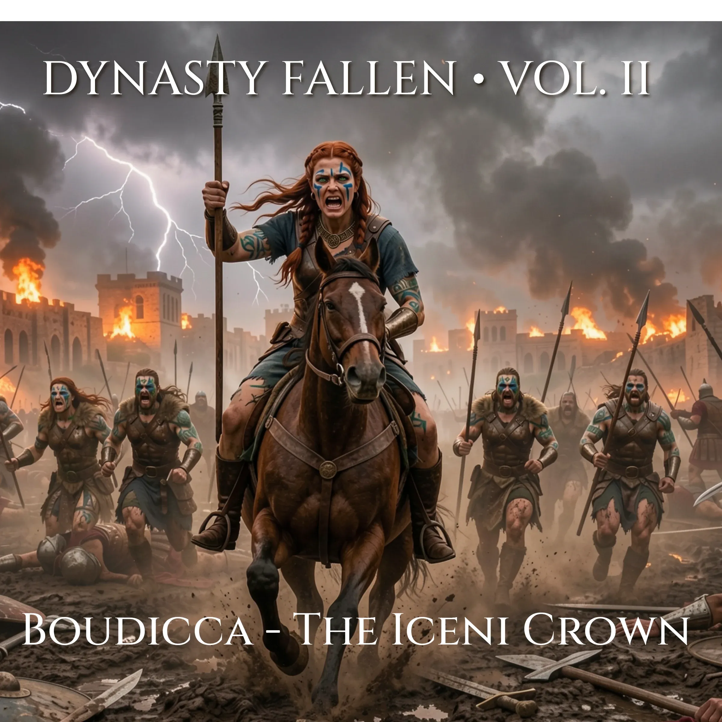 Boudicca on horseback, war-painted, leading the Iceni against burning Roman cities and lightning.