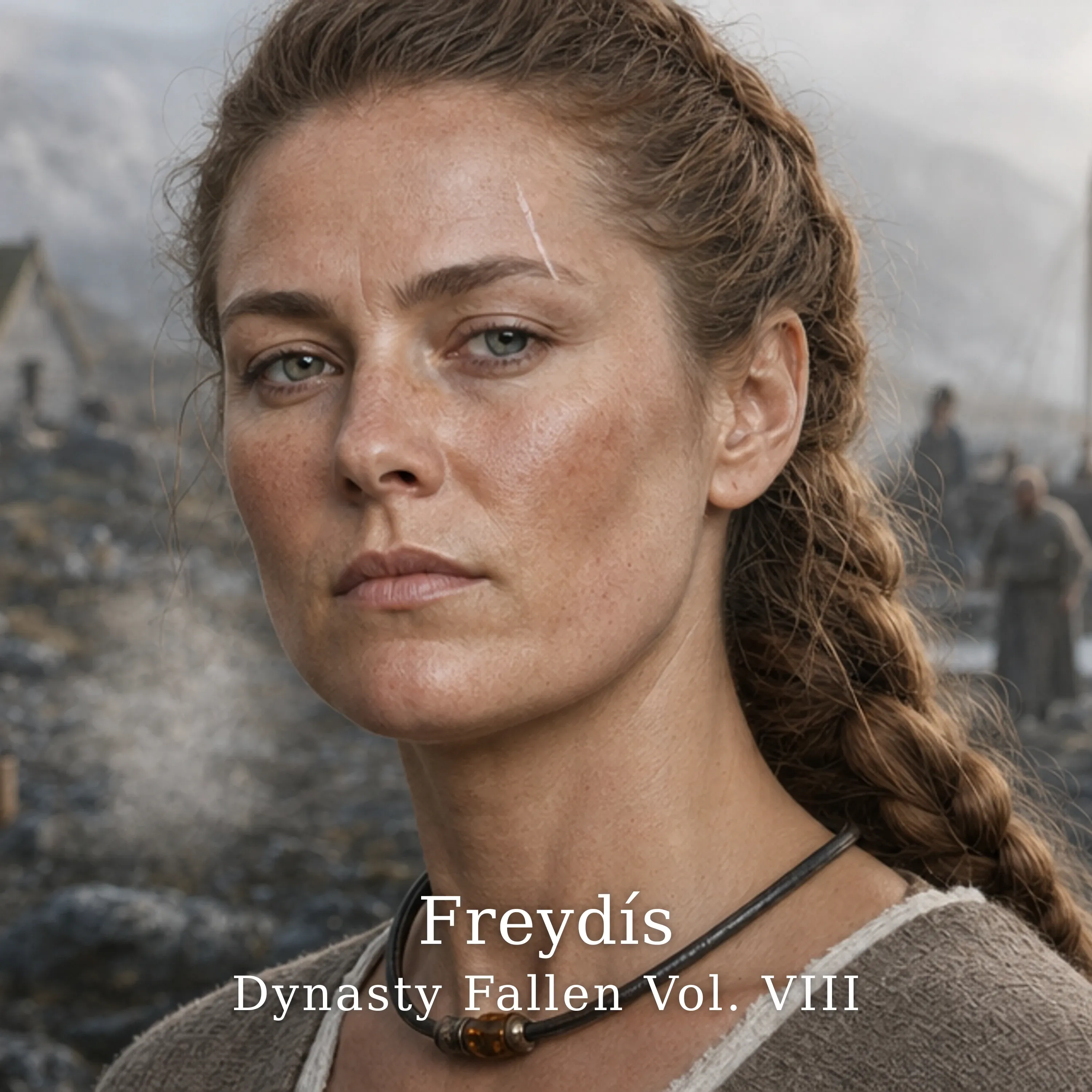 Freydís — album cover. Extreme close-up of warrior-prime Freydís at dawn on the Greenland Eastern Settlement coast, her face filling the frame. Pale silver-grey dawn light from the left catches the sharp angles of her cheekbones and the dark strawberry-blonde warrior braid disordered by the sea wind. Grey-green eyes lock onto the camera; a faint white scar at the left brow, breath visible in the cold air. The Cinzel Medium wordmark reads &lsquo;Freydís&rsquo; over &lsquo;Dynasty Fallen Vol. VIII&rsquo; at the bottom of the frame.