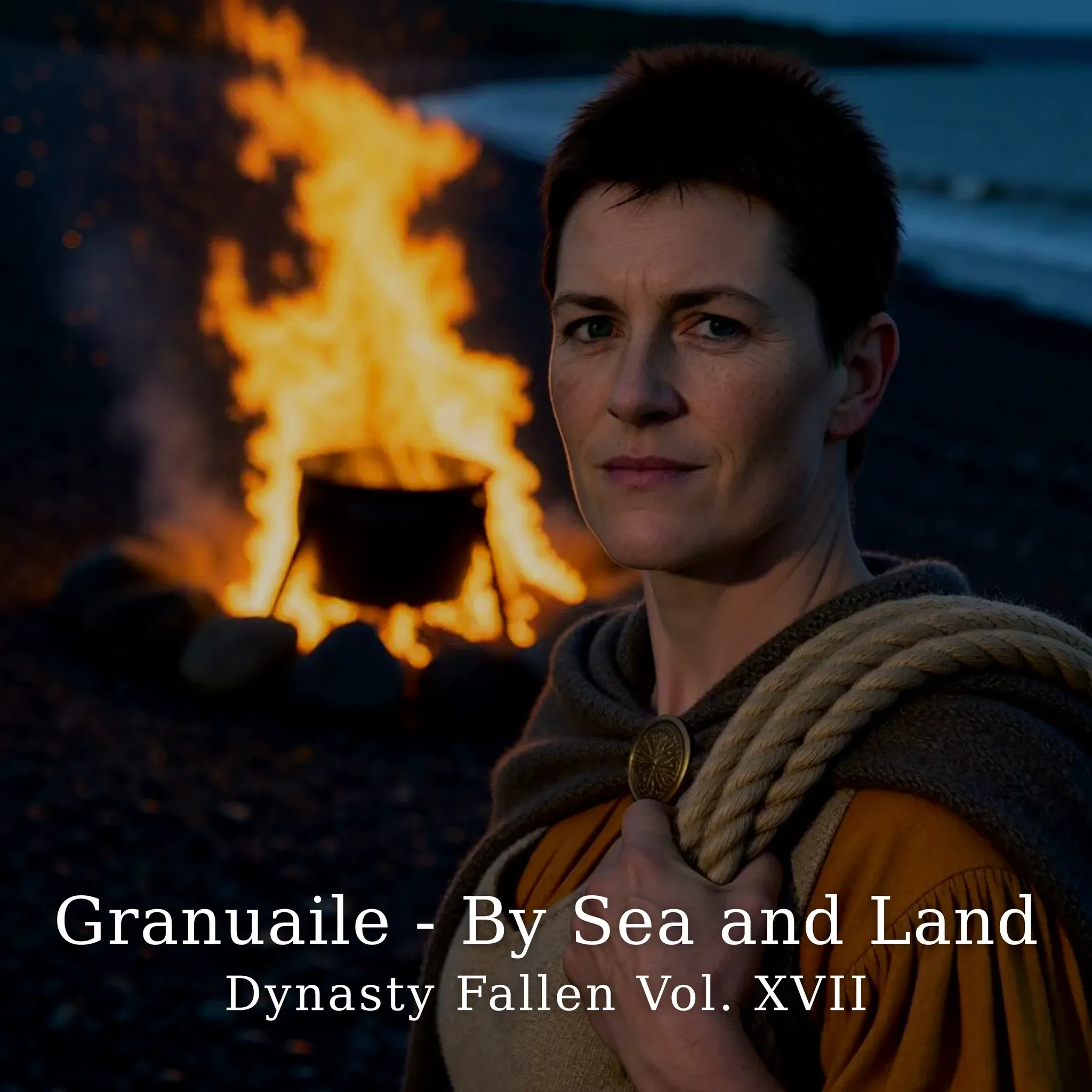 Granuaile — album cover. Gráinne Ní Mháille on a wet Atlantic strand at dusk, a heavy coil of wet hemp rope hauled up onto her shoulder, cropped dark auburn hair and level grey-green eyes, saffron léine under a grey-brown woollen mantle pinned with a tinned-bronze ring-brooch, a tar fire burning behind her and the black hull of a clinker galley beyond.