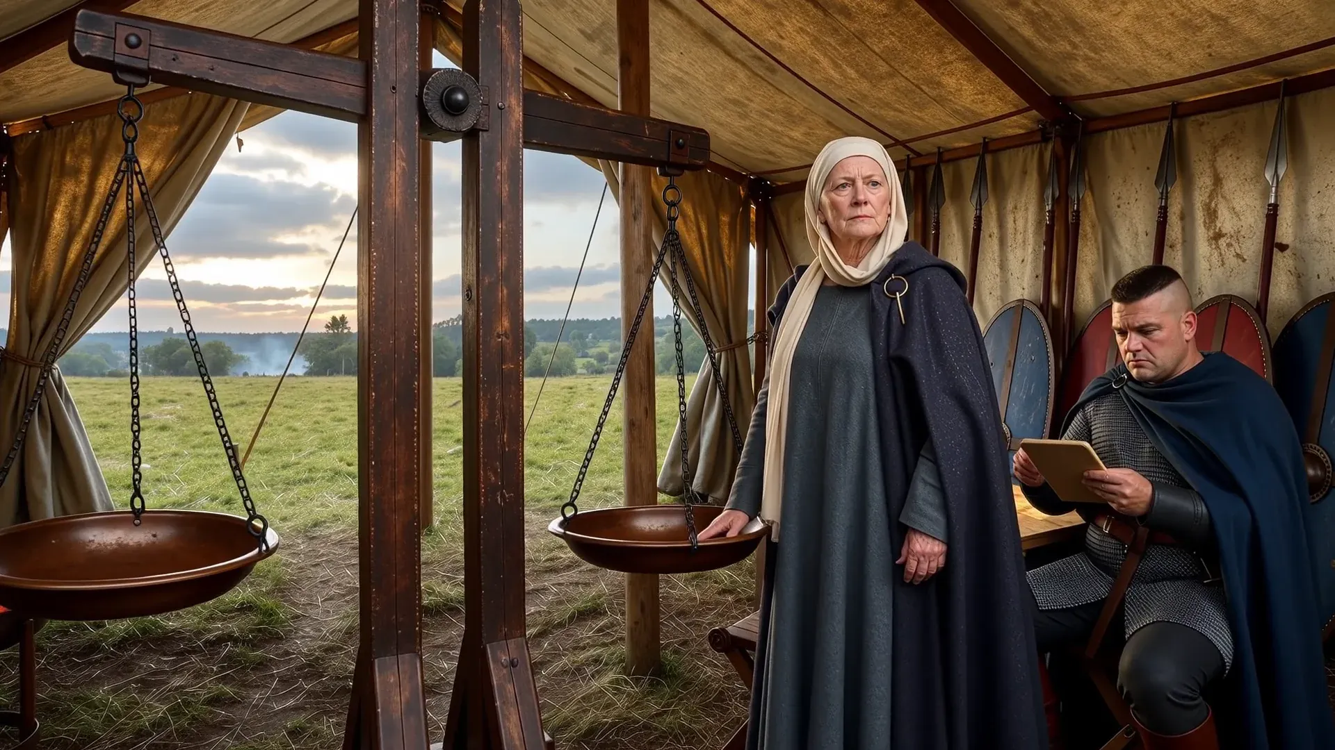 Gytha, widow of Earl Godwin, in a charcoal mantle and linen headrail beside a great beam balance in Duke William’s pavilion after Hastings, October 1066, as a Norman knight reads at his table behind her — the scale she asked to fill with her son’s weight in gold.