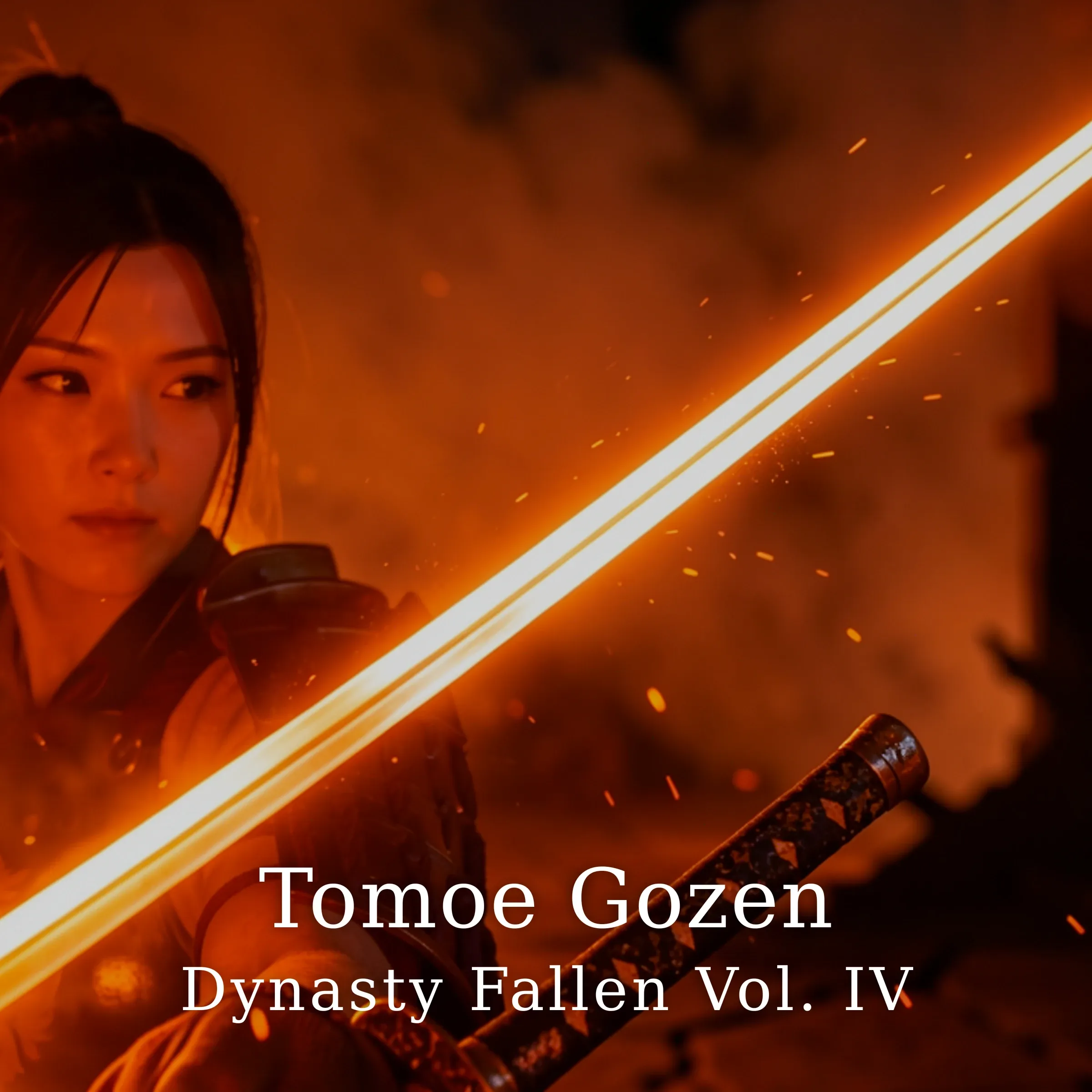 Tomoe Gozen — album cover. The onna-musha framed against fire, her tachi caught mid-strike, ember light raking the blade across the burning courtyard.